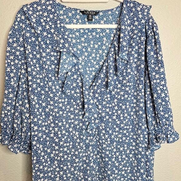 Ralph Lauren Sz 3XL Plus Floral Crepe Ruffle Blouse Black Label - Picture 5 of 12